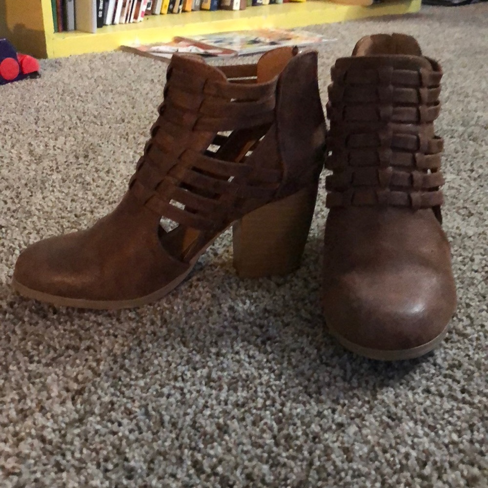 Brown ankle booties with heel and cut outs